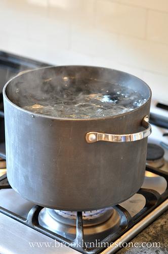 Your first step can be done way ahead of time (at least hours but can be as much as months before). Remove the label on the condensed milk and submerge the unopened can in pot of water. Cover and boil for 2.5 hours. Warning: Be sure to keep the can covered by water at all times!! 
