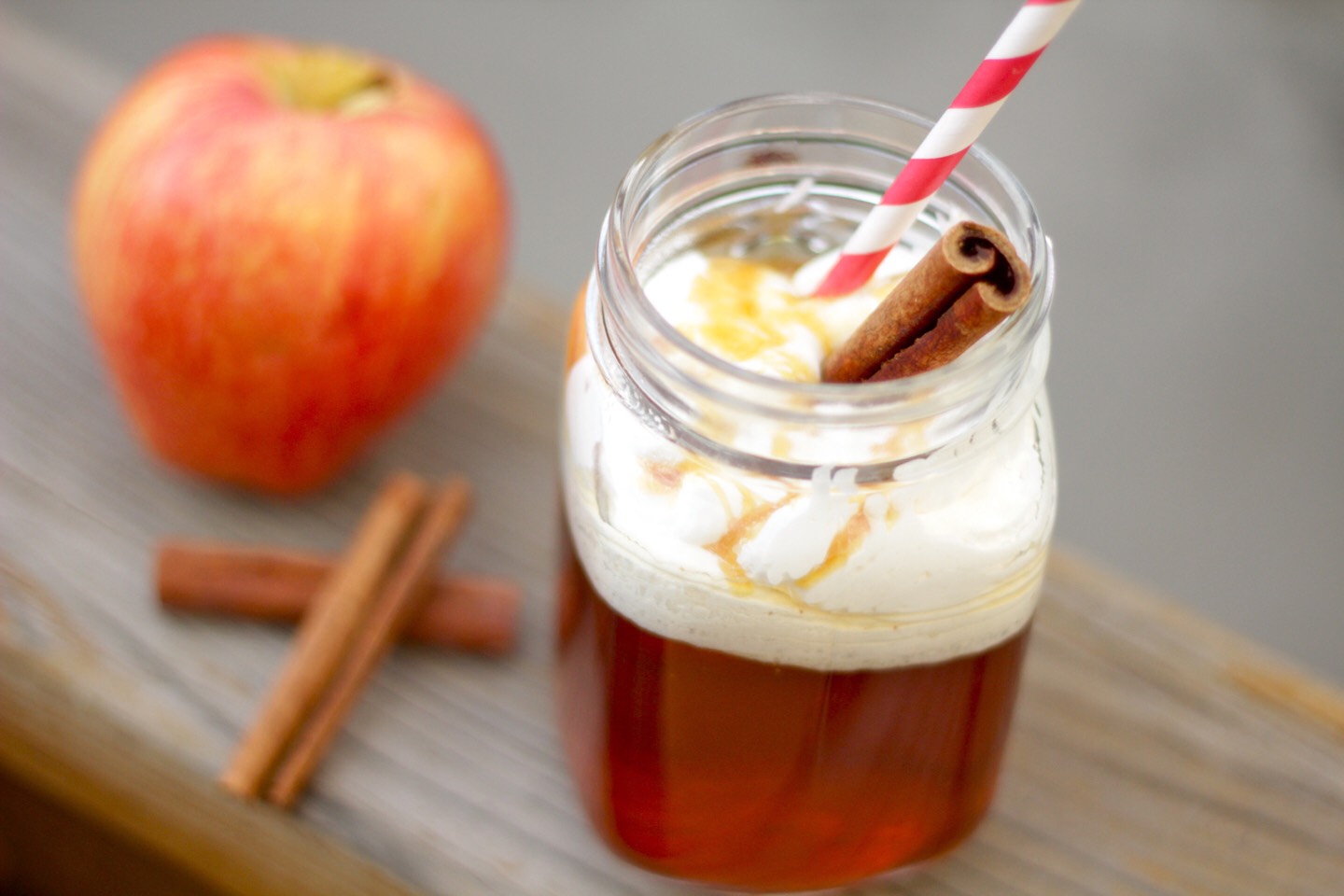 2. Apple Cider
Warm apple cider in a pot on the stove. Add in a few cinnamon sticks to flavor. Chill in the refrigerator for a few hours then pour into a glass full of ice and top with vanilla ice cream and a drizzle of caramel sauce.