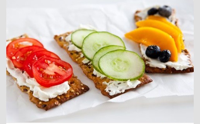 Multigrain Flatbread crackers, Cream Cheese and Your fav fruits and Veggies!! 