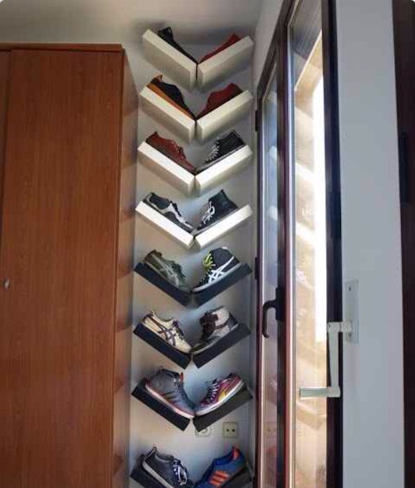 Arrange Lack shelves in a V shape for an interesting way to display shoes!