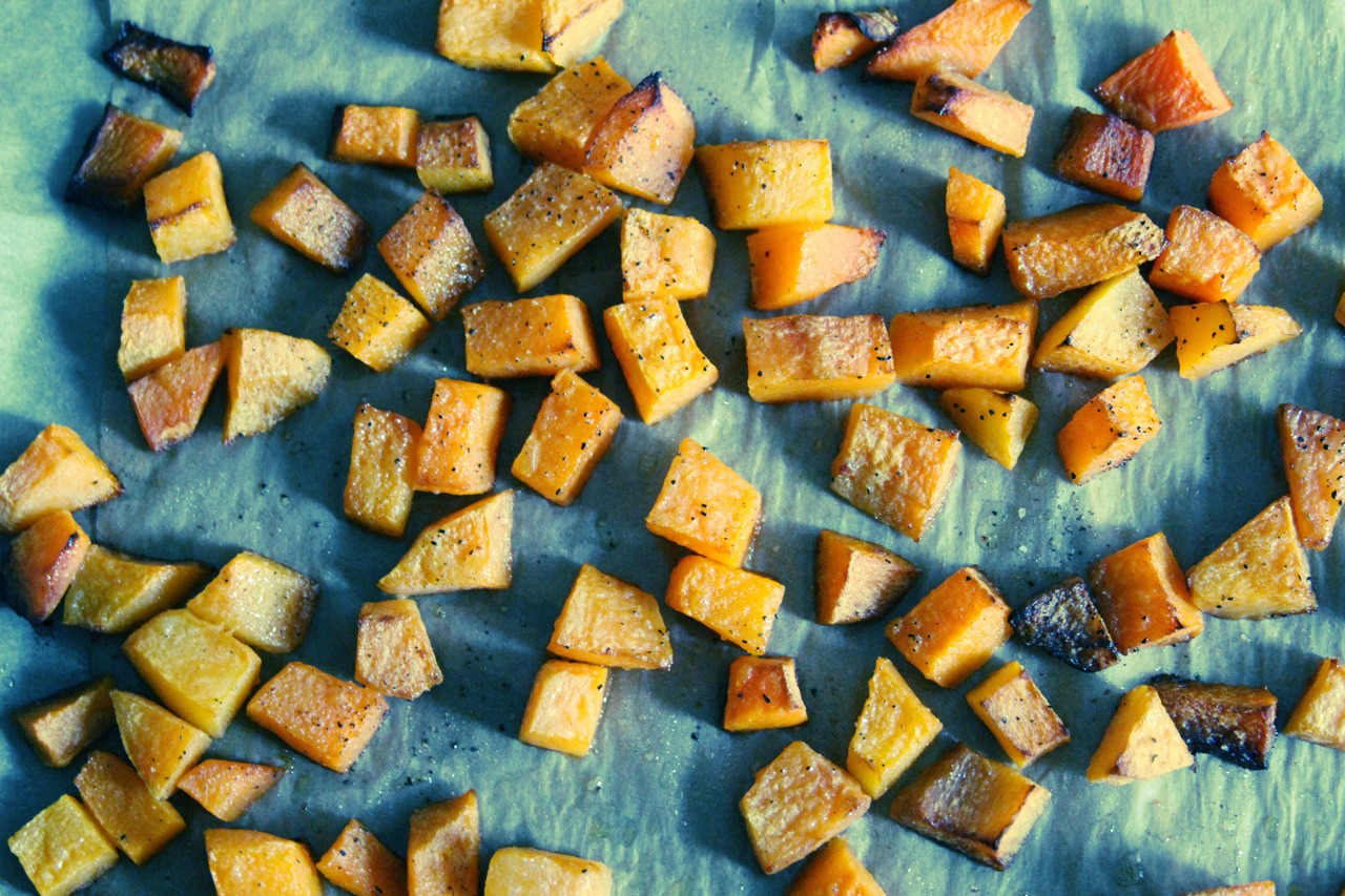Cut the butternut squash into cubes then place in over for 45mins, then enjoy your tasty meal.