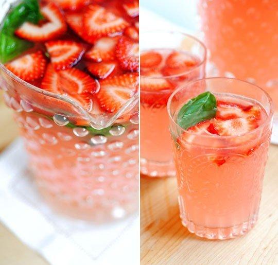 Strawberry Basil Margaritas

Makes 1 pitcher, or about 8 servings
1 can (12 ounces) frozen limeade concentrate
10 strawberries (or 12 if you're using smaller ones from the farmer's market or your backyard.)
8 basil leaves
2 to 2 1/2 cups tequila (gold or silver)