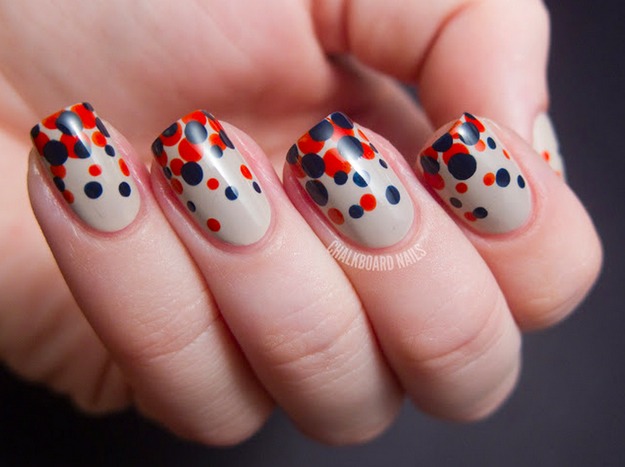 4. Gradient Dots
Use a nail dotting tool to create this effect; don't have a dotting tool? No problem, use a bobby pin, or, for an even cooler look, vary the size of your dots. Use a toothpick k for the small dots and a bobby pin for the bigger dots! 