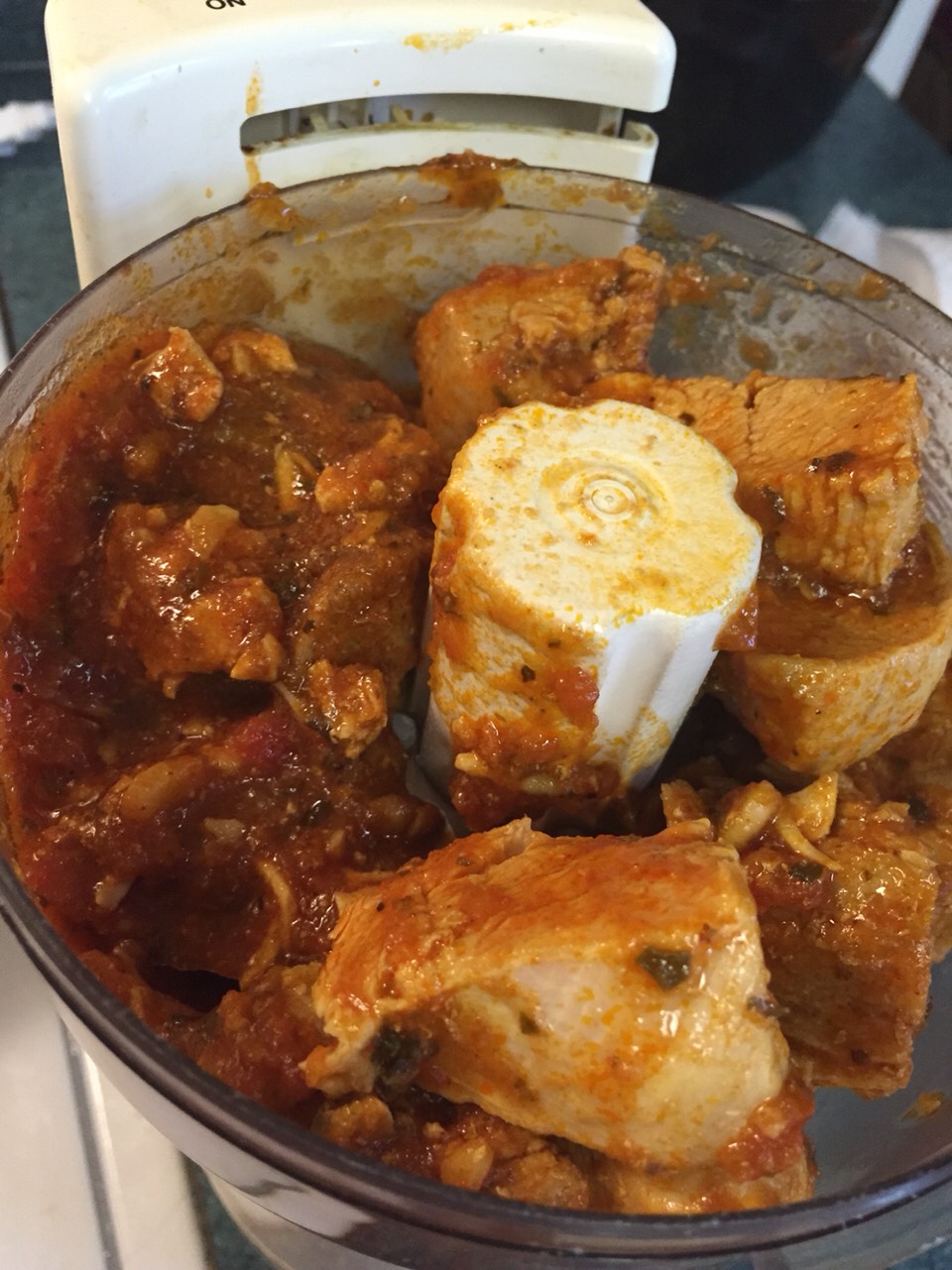 After meat cools some, place in processor and completely process to a paste like consistency. 