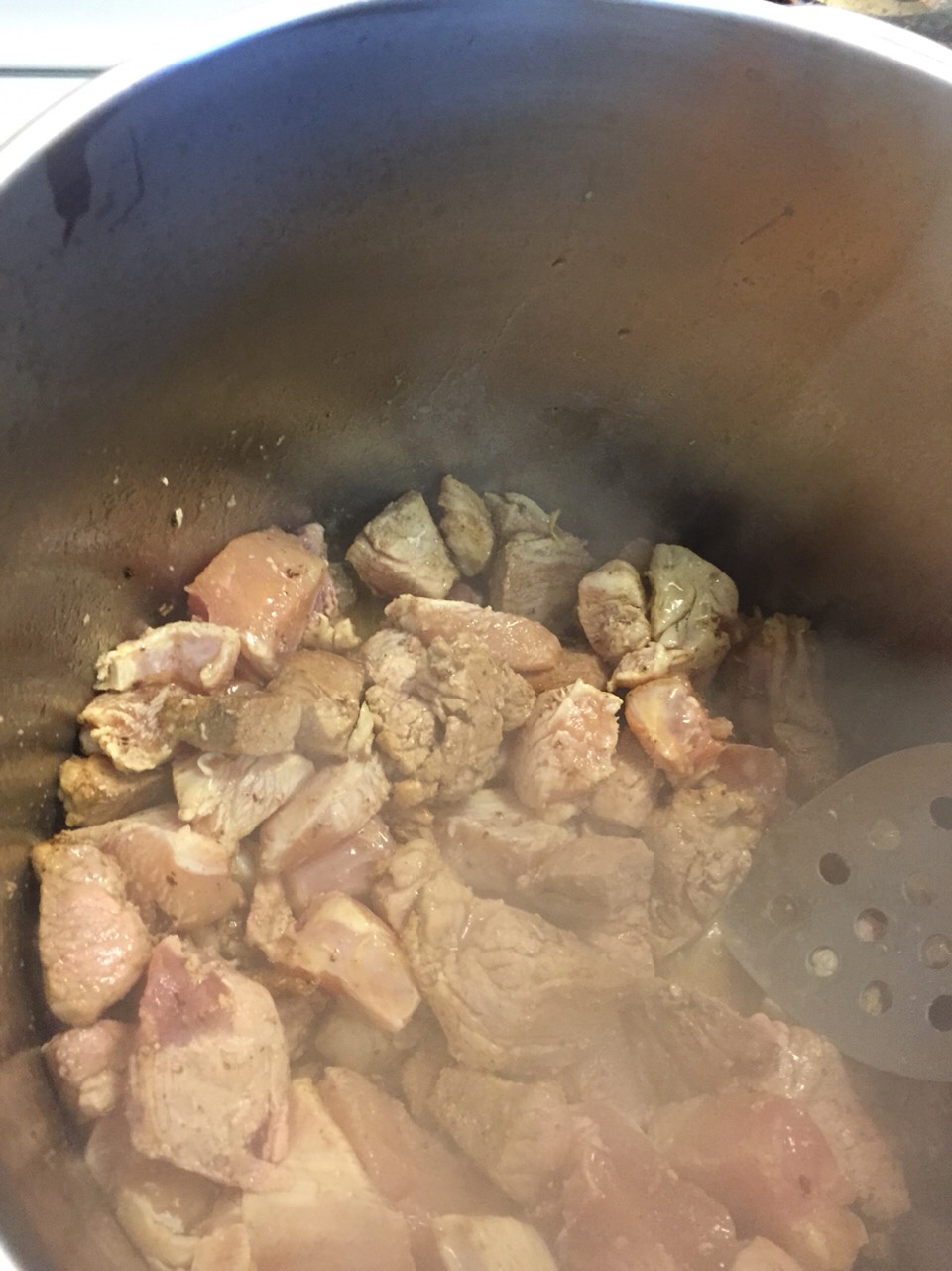 Cut both chicken and pork into chunks. 

Spray a heavy stock pot with Pam and add a little olive oil

Add meat

Braise meat
