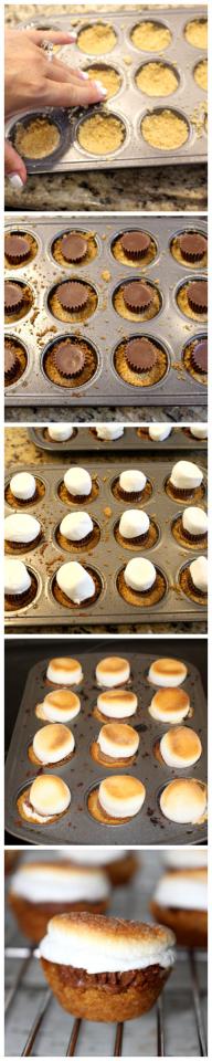 While they are baking cut 12 large marshmallows in half
Remove the pans from the oven and place either one Reese’s or two sections of a Hershey bar in the graham cracker cup and cover with 1/2 of marshmallow (cut side facing down)
Turn your oven on broil
Put the pan back in and broil for 2 minutes (