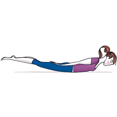 Locust
Increases spine flexibility, strengthens back muscles, opens shoulders, stimulates central nervous system

Lie face down with forehead on floor, legs straight, arms by sides, palms up. Inhale, lifting head, upper body, arms, and legs off floor; stretch legs and arms back, (Continued) --->