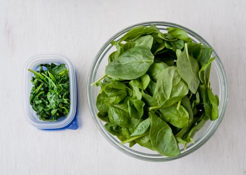 Here is four ounces of spinach cooked and fresh.