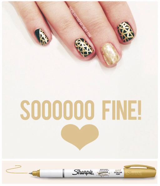 17. Water-Based Metallic Sharpie Mani
Fine lines for days. You can easily remove the sharpie if you go wrong mid-mani using rubbing alcohol! Don't just stop here; you can use permanent markers for so many other crafty designs too! Get full directions here.: thebeautydepartment.com! 