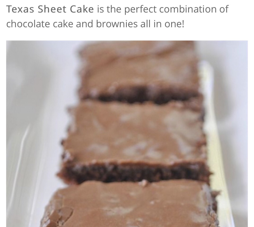 Texas Sheet Cake. Combination Of A Chocolate Cake And Brownie All In One. 😍