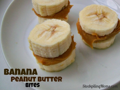 Here's a healthy snack to enjoy with your family, friends and especially kids.
Cut a banana into slices about 1 inch thick. Put some peanut butter on one slice and squish it with another banana slice.  
