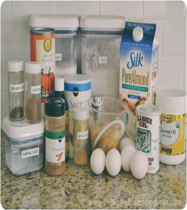Here is what you need:
6 cups whole wheat flour
1 tablespoon baking soda
1 tablespoon baking powder
2 teaspoons salt
1 1/2 teaspoons cinnamon
1 teaspoon nutmeg
1/2 teaspoon ground ginger
1/2 teaspoon ground cloves
5 eggs
2 cups sugar
1 1/2 cups very ripe banana, mashed
1 tablespoon vanilla
2/3 cup coconut oil
1 1/3 cups Unsweetened Silk Almond Milk 
2 cans pumpkin
