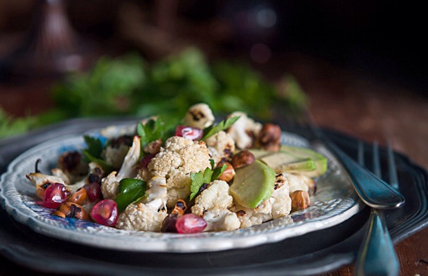 Roasted Cauliflower Hazelnut Avocado. Salad with a Cinnamon Dressing