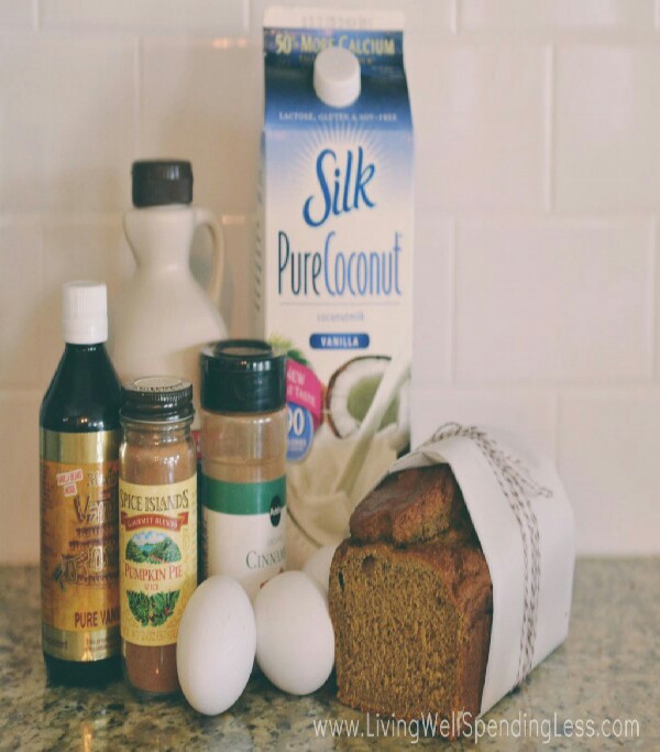 Summary: Finally, an excuse to have pumpkin pie for breakfast!
Ingredients
1 loaf Skinny Pumpkin Bread, chilled
1 cup Silk Coconut Milk, Vanilla
3 eggs
1 teaspoon vanilla
1 tablespoon maple syrup
1/2 teaspoon cinnamon
1/2 teaspoon pumpkin pie spice
butter, coconut oil, or cooking spray
maple syrup & powdered sugar
