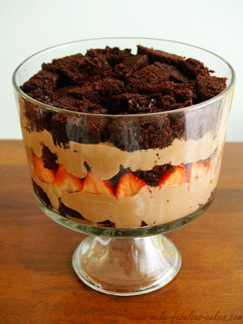 Add another layer of chocolate cake, then the remaining mousse and another layer of chocolate cake.  I did not have enough strawberries at hand but I would have loved to add another layer of strawberries.  

Chocolate trifle
- See more at: http://www.make-fabulous-cakes.com/nutella-mousse-chocolate-