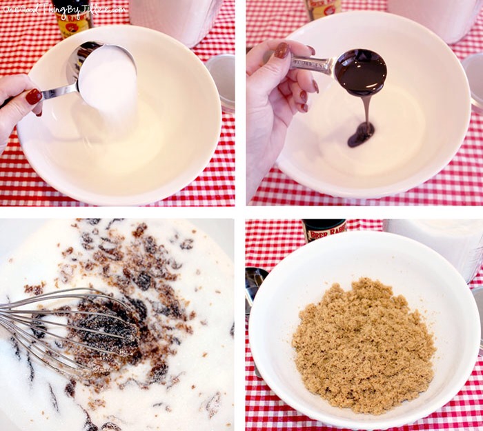 How to Make Brown Sugar

1 cup granulated sugar
1 Tablespoon molasses

Add sugar and molasses to a bowl and mix together. I used a whisk because it helped to incorporate all the molasses. It takes a few minutes until it’s completely mixed in…but that’s it. You just made your own brown sugar!!