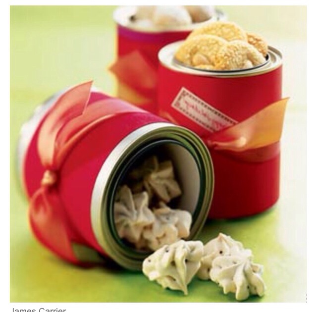 Heap cookies into inexpensive tins lined with tissue or parchment paper (retro tins with holiday scenes, galvanized tins, or red and silver tins).