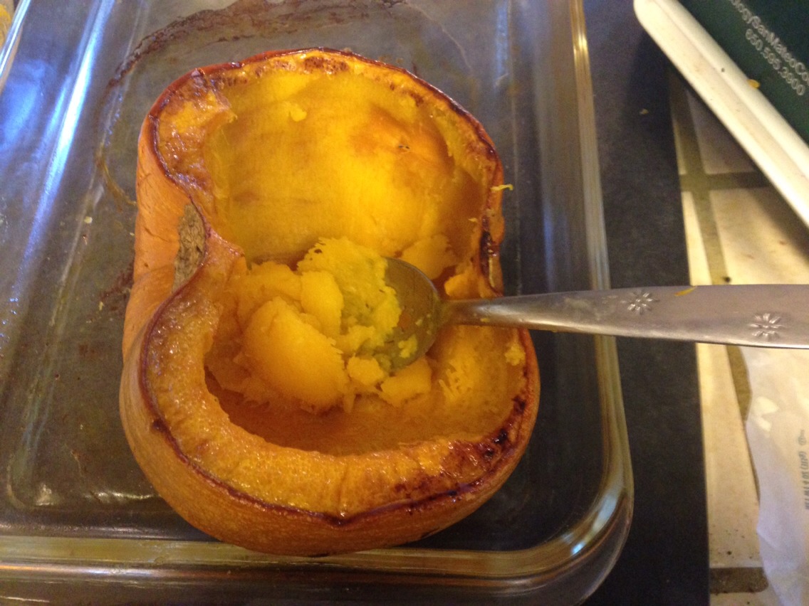 Scrape out pumpkin making sure not to scrape out peel.