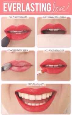 Have you ever wanted the perfect lipstick? No need to think about that anymore. First put on lipstick then blot and put another layer of lipstick on, then put a small amount of cream eyeshadow on your lips and then put red lipgloss over the eyeshadow, this will really define your lips👄