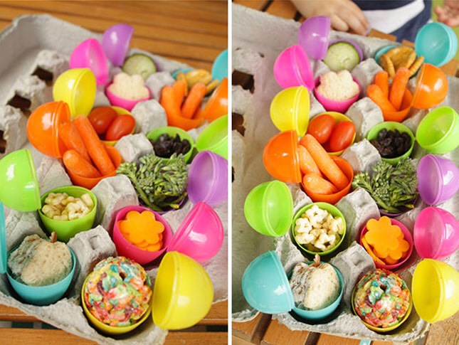 10. Good Eggs: Kids might not be uber-excited about opening a plastic egg and finding veggies inside, but I do like this idea for displaying snacks for hungry guests. Although you might be on full-time refill duty. Worth it? Maybe. (via Kailo Chic)
