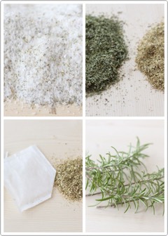 * 2 cups of Epsom Salt (UNSCENTED)
* ½ cup Baking Soda
* 10 drops of Rosemary Essential Oil
* 2 Chamomile tea bags (100% chamomile)
* ¼ cup dried rosemary (OPTIONAL)

