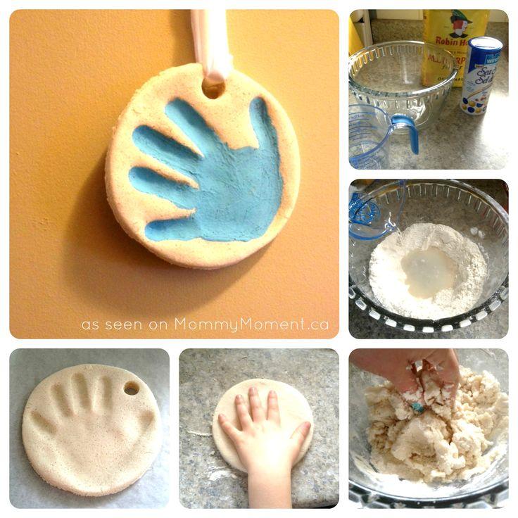 Salt Dough Handprint keepsake Instructions: Mix the salt and flour in a large bowl Make a well in the salt/flour mixture and add the water Knead until smooth and shape into a ball