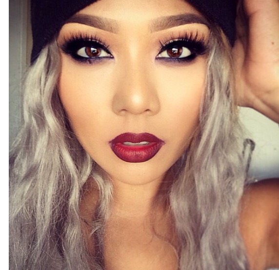 5. Dramatic lower lash line & lashes, brick red ombré lip. 