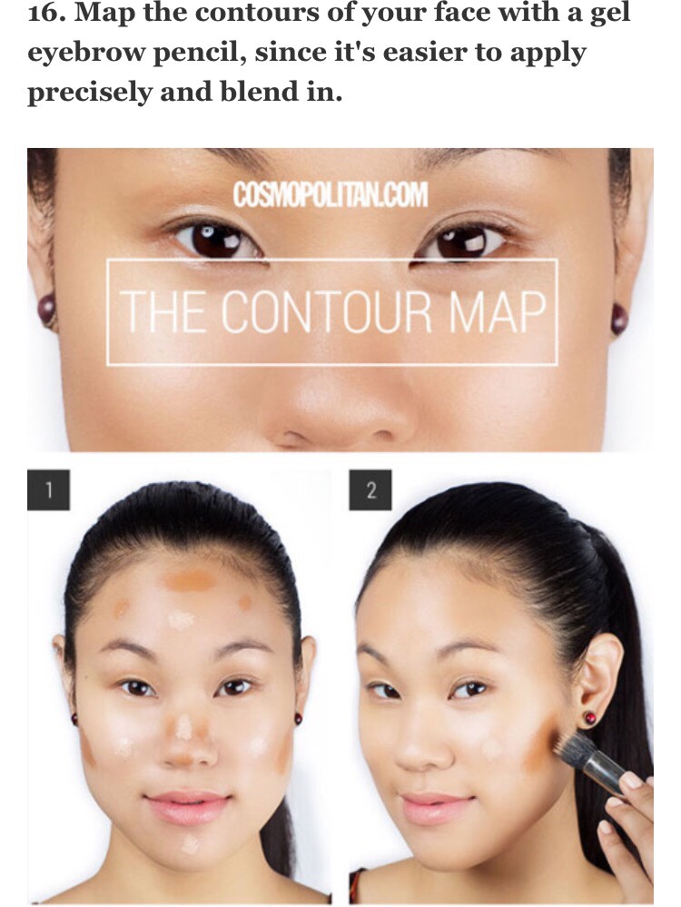After you've applied your base, mark the areas you want to contour — the hollows under your cheekbones, your temples, along your hairline, jawline, the sides of your nose, the tip of the nose, and the crease of your eye.