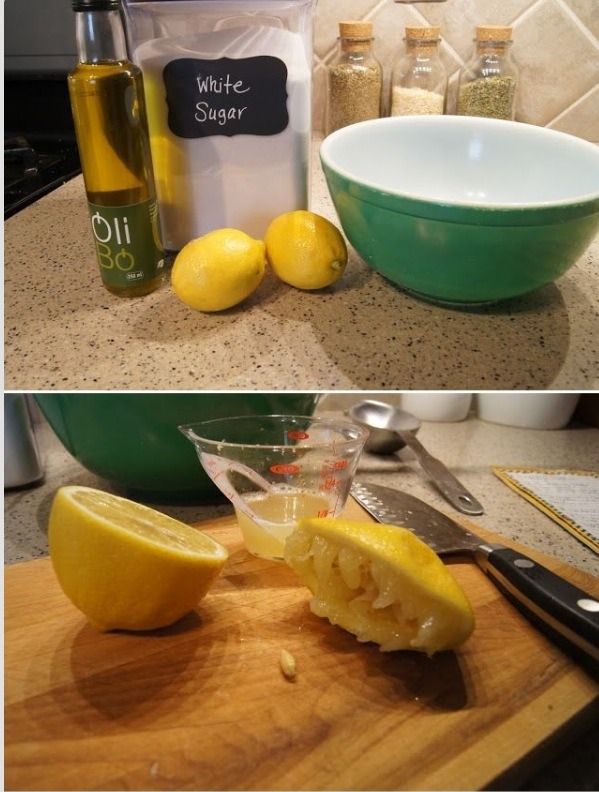 1) get all of your supplies
2) cut the lemon and squeeze the juice out of it