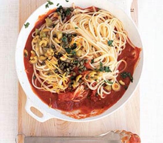 Linguine With Caper and Green Olive Sauce: 

Serves 4-6