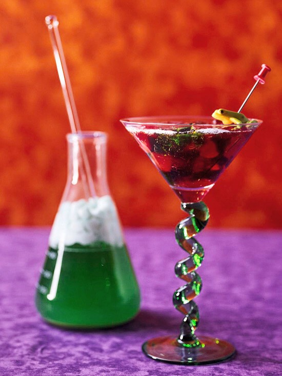 Mad Science Martini - Frog in a Blender
Get creative in your kitchen with this spooky nonalcoholic beverage. Blends of fruit flavors make up the red-and-green beverage, which sips perfectly fro