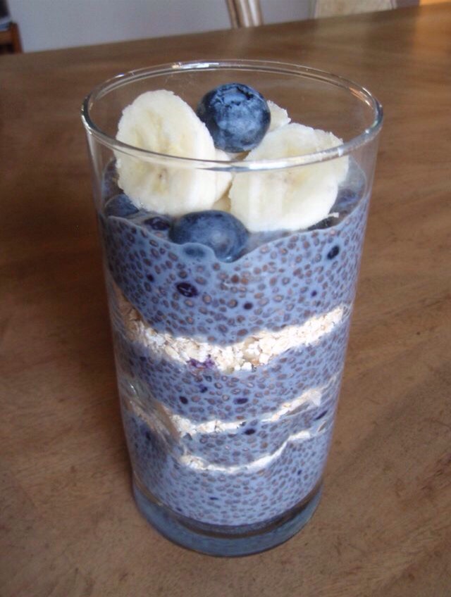 Ingredients:

4-5 Tablespoons of Chia seeds

1 to 1/2 cups almond milk

1/2 teaspoon cinnamon

1 teaspoon vanilla

1/2 cup whole rolled oats

1 cup blueberries (or other fruit of choice)

1/2 cup walnuts (or other nut of choice)

a few slices of banana


