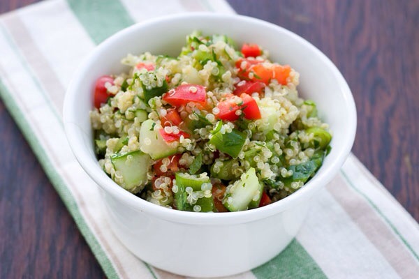 Greek Quinoa Salad

Quinoa has become a trendy seed these days, and for good reason — it's nutritious and delicious! It works amazingly well as the base for this Greek salad. Just throw in a handful of feta, and you're good to go!
