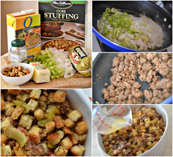 Directions:
Saute onion and celery with butter until soft, and set aside. Brown sausage and drain. Combine stuffing mix, poultry seasoning, sausage, apples, walnuts and the onion and celery mixture into a greased casserole dish. Pour chicken broth over mixture and gently stir.