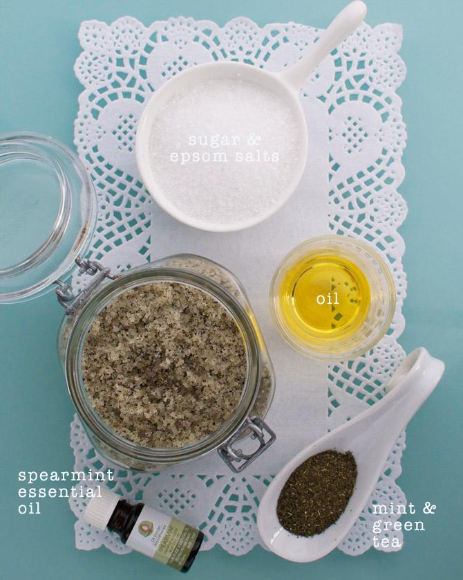 First, you want to combine the ingredients you see above in a bowl: 2 cups of plain sugar, 3/4 cup of oil (olive oil, coconut oil and vegetable oil are all perfect for this), 2 little bags of plain green tea (don't get them wet!), and 10 drops of peppermint essential oil (this is totally optional.)