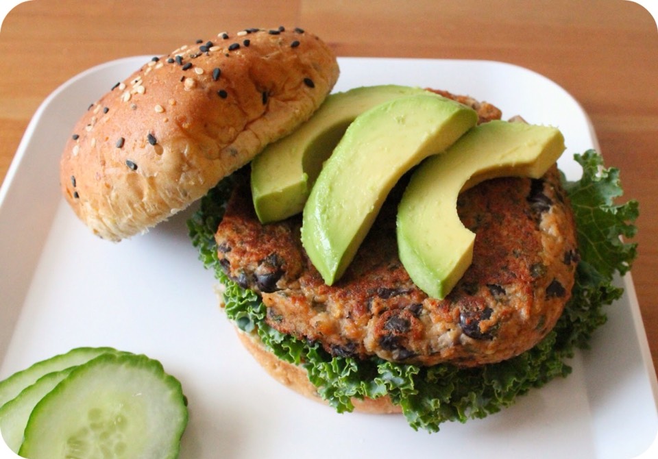 Black bean burger on whole wheat. They are easy to make and taste amazing with the right recipe. I usually eye ball it with half a can of beans (crushed), one egg, 1/4 cup of bread crumbs, spices, finely diced onion and green pepper and mold it into a burger. Very filling and satisfying!