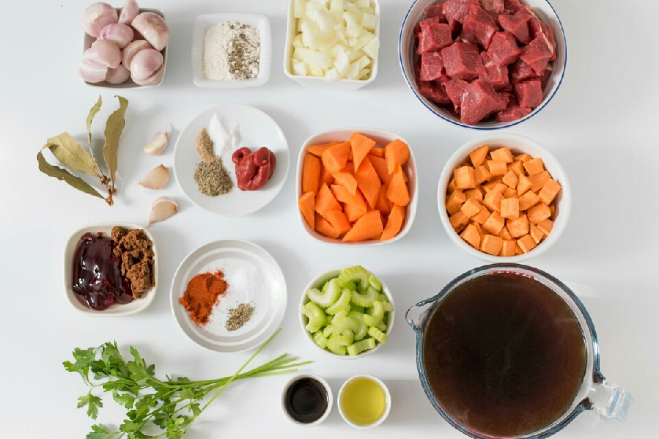 Slow Cooked Beef Stew with Roasted Sweet Potato