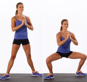 Plie
With arms forward & straight, lower into squat position slowly. Keep ur core & butt tight.
Slowly rise up & repeat. Try to go as low as u can when u squat without breaking ur straight form.
Avoid ur knees to go past ur toes when u squat low.
Do as many in 1 minute. Rest for 30 sec. Repeat.