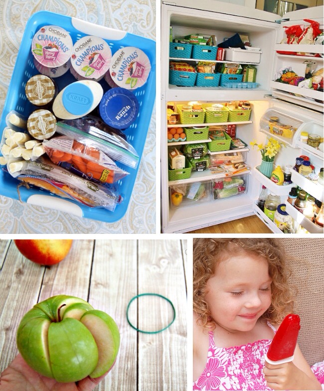 Store snacks in a bin

After cutting an apple tie a rubber band around it so it doesn't brown

No drip Popsicles made from JELL-O