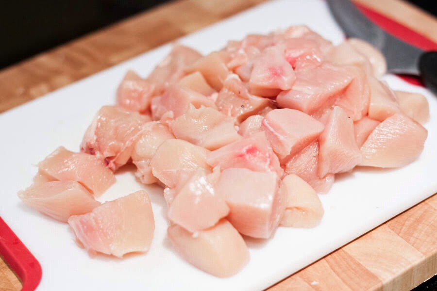 1. Cut chicken into one inch squares. 