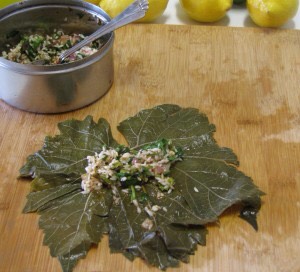 Take one grape leaf (remove any hard stems if any) and place shiny side down. Make sure the edges are flat and that the leaf veins are on the top.
Spoon about 1 Tbsp of the rice mixture in the center near the base of the leaf.