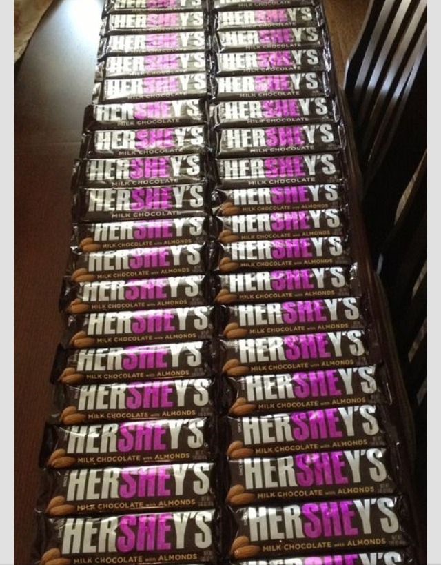 Love this! use a pink sharpie to color in the "she" part of Hershey's 