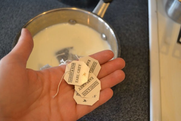1) In a saucepan, heat 2 cups of milk to a light boil while the three teabags brew.