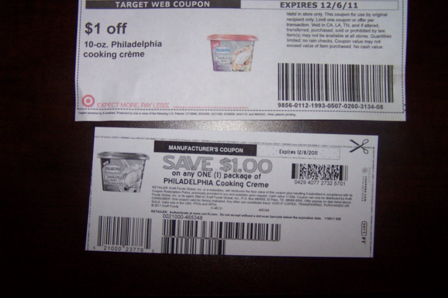 Did you know..that you can use ONE manufacture and ONE store coupon together? 

Example: let's say your buying the Philedephia cream cheese like shown above. You can use both of these coupons (As long as one is store coupon and the other manufacture) together, making it a total of $2 off!