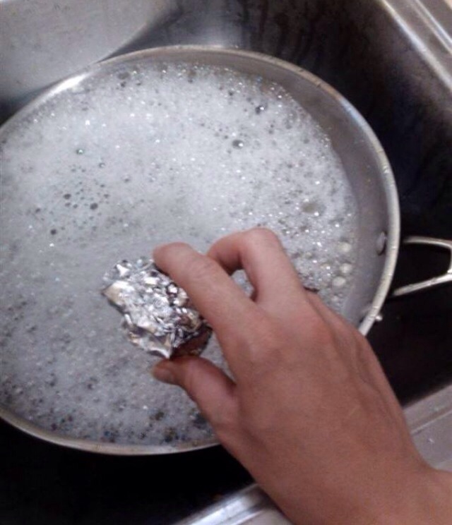 Use a ball of foil to scrub the stuck and dried on food off pots and pans. Just don't use it on non stick, it may damage the Teflon.