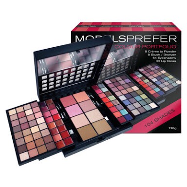 Models' Prefer colour portfolio. Lots of shades of eyeshadow, lip gloss, includes blush and bronzer. Colours are well pigmented, better than a lot of eyeshades I've have from expensive brands. 