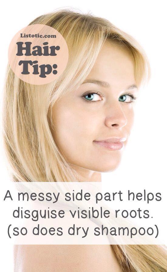 Whether your hair is freshly clean or not, spray them with dry shampoo, and then style your hair with a messy side part. Just zig zag your part a bit with a fine-tooth comb to help conceal those roots until your next hair appointment.