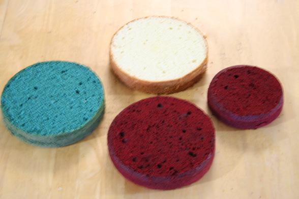 1.  You will torte (basically cut in half lengthwise) all of these cakes EXCEPT THE VELVET BLUE CAKE, so 3 tiers total. 