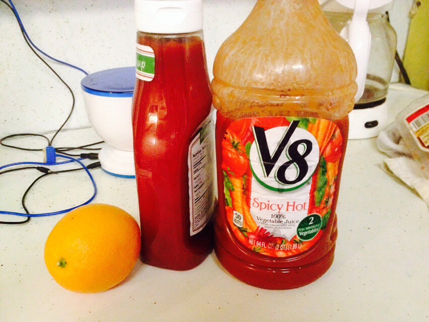 1 orange squeezed into a cup or orange juice will work as well put about 1/8 cups of orange juice if you do use it, about 3 tbs of ketchup, and V8 juice. After 5 minutes add all this to the shrimp. Pour enough v8 juice to cover the shrimp