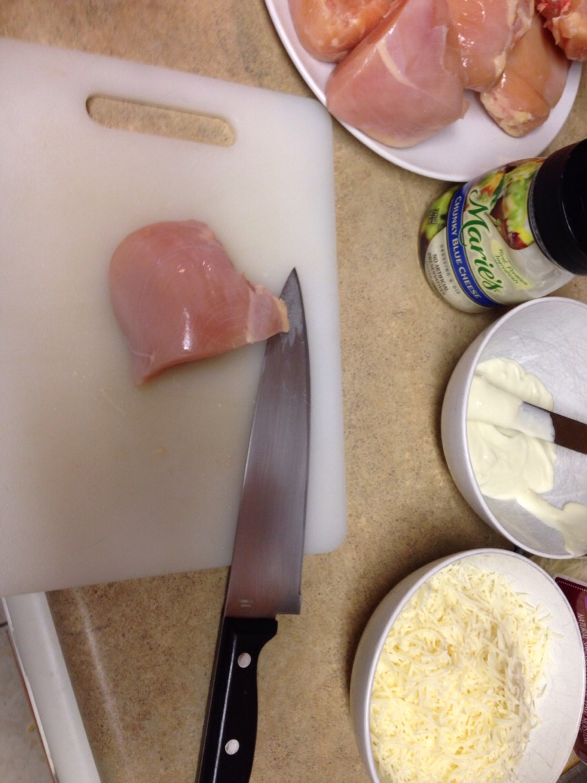 Preheat oven to 375 degrees Fahrenheit. Put all ingredients into separate bowls so you don't get raw chicken into a container you might reuse!